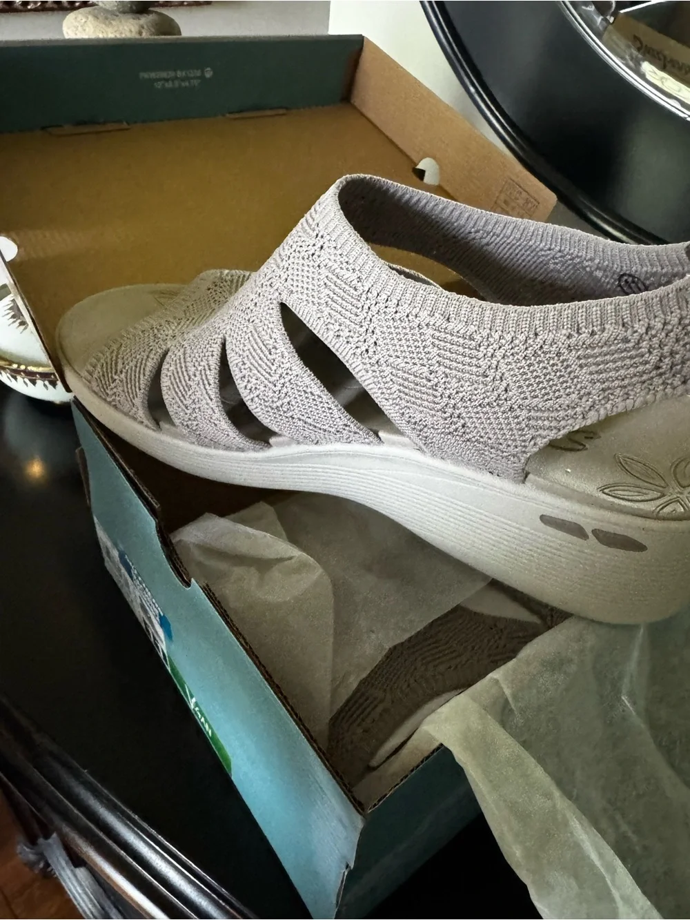 Skechers Pier Lite Memory Maker Knit Platform Wedge Sandal in Taupe NWT